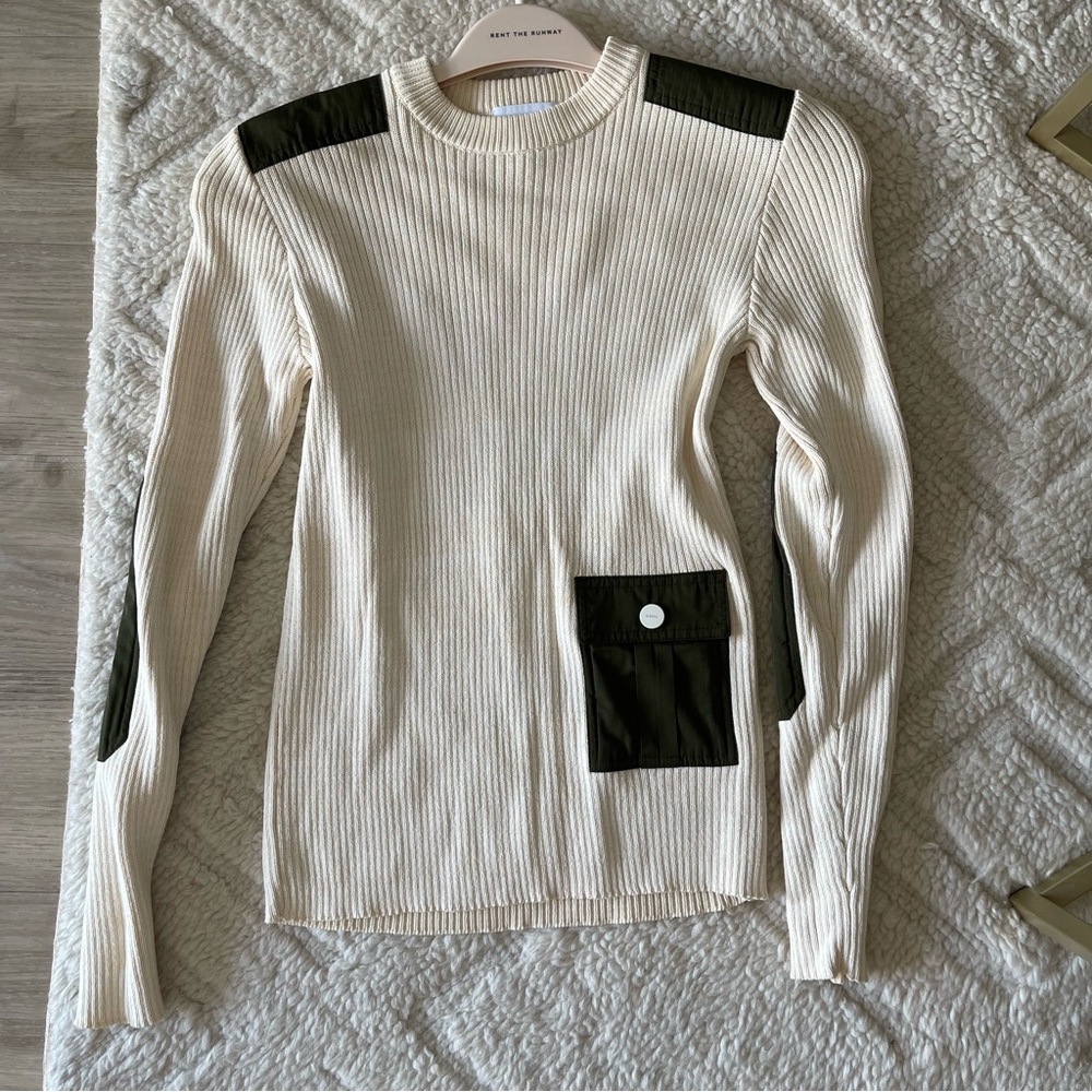 Ganni cream ribbed sweater with green accent pockets like new asymmetrical S